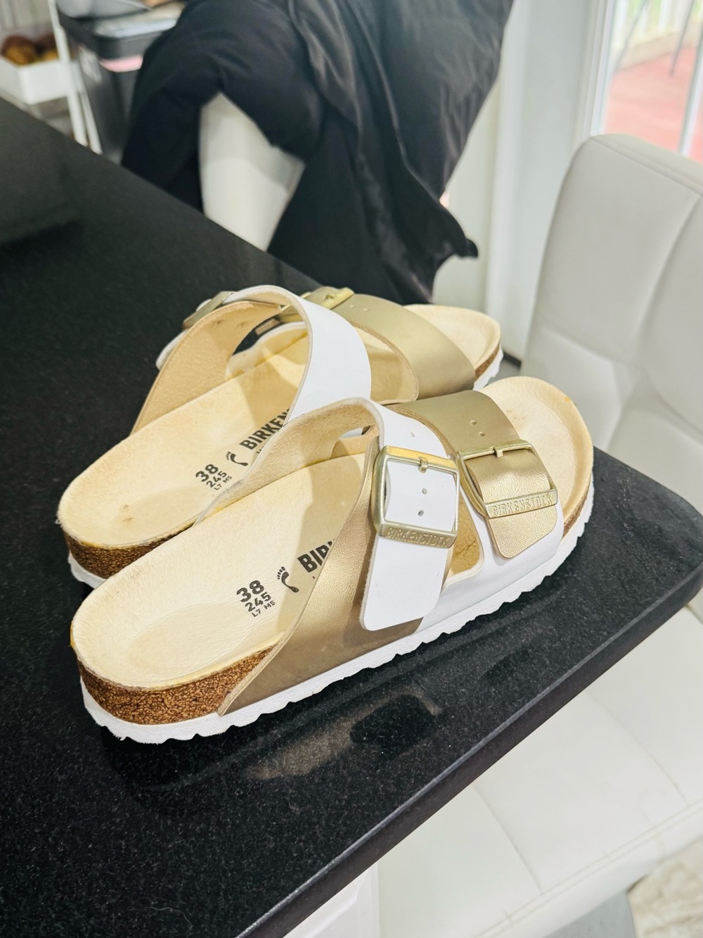 Birkenstock Arizona Two-Strap Sandals in Gold and White